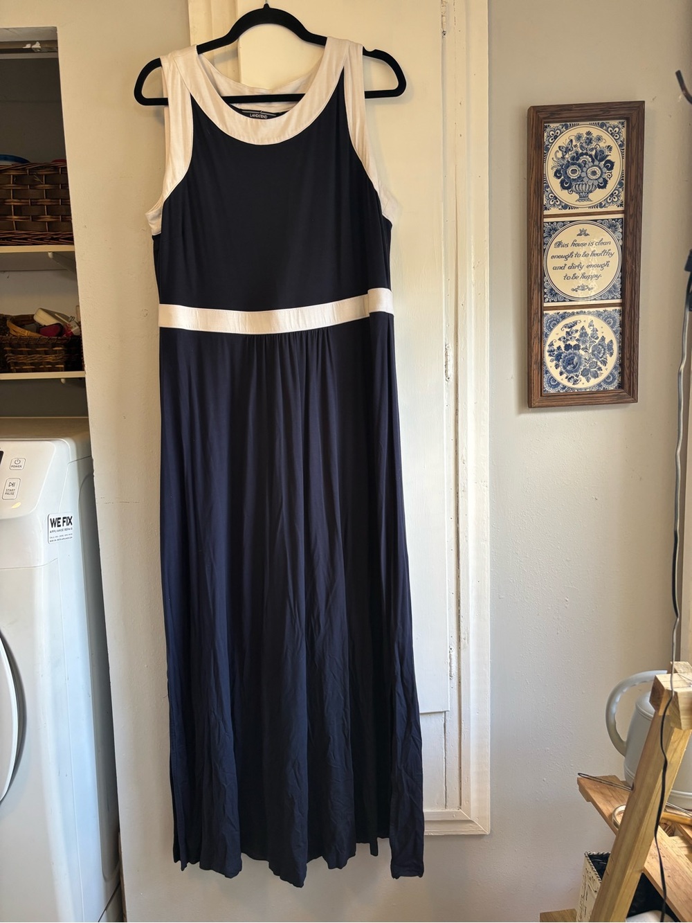 Lands' End Navy Maxi Dress with Cream Trim